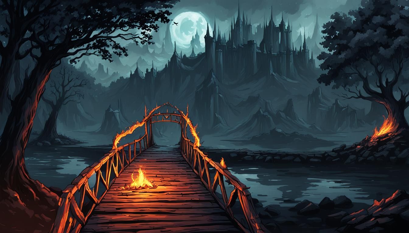 Elven Ranger at Burning Bridge in Dim Light