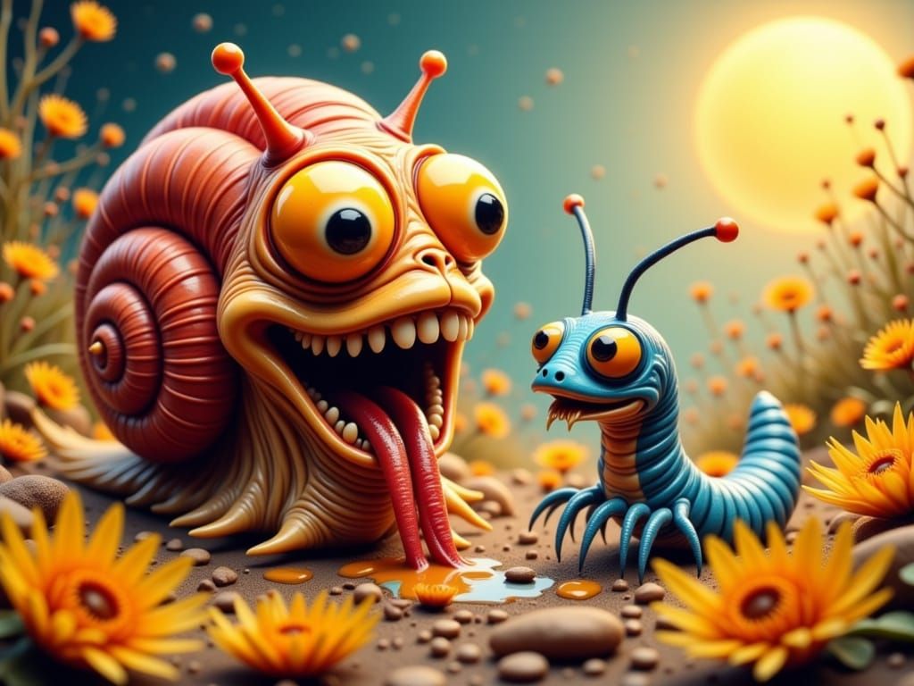 Vibrant Snail Confronts Distressed Millipede in Surreal Drea...