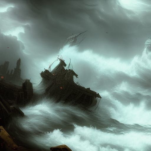 Flying Dutchman on Tsunami: Dark Fantasy Concept Art
