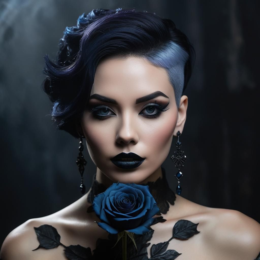 Gothic Woman in Dark Romanticism Style with Black Rose