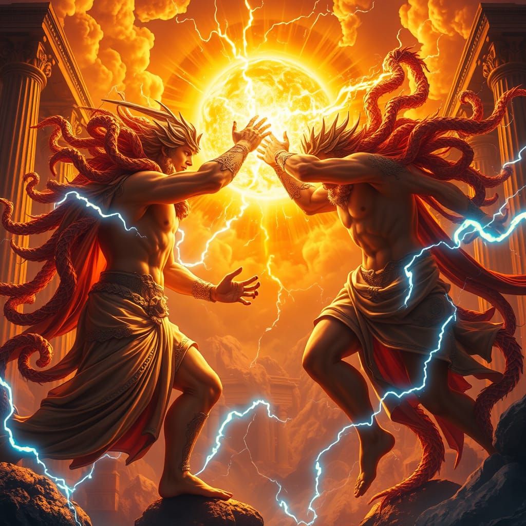 Greek Gods Engaged in Epic Duel Amid Blazing Suns
