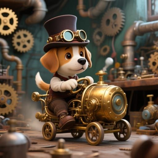 Steampunk Puppy Pilot in a Chaotic Workshop