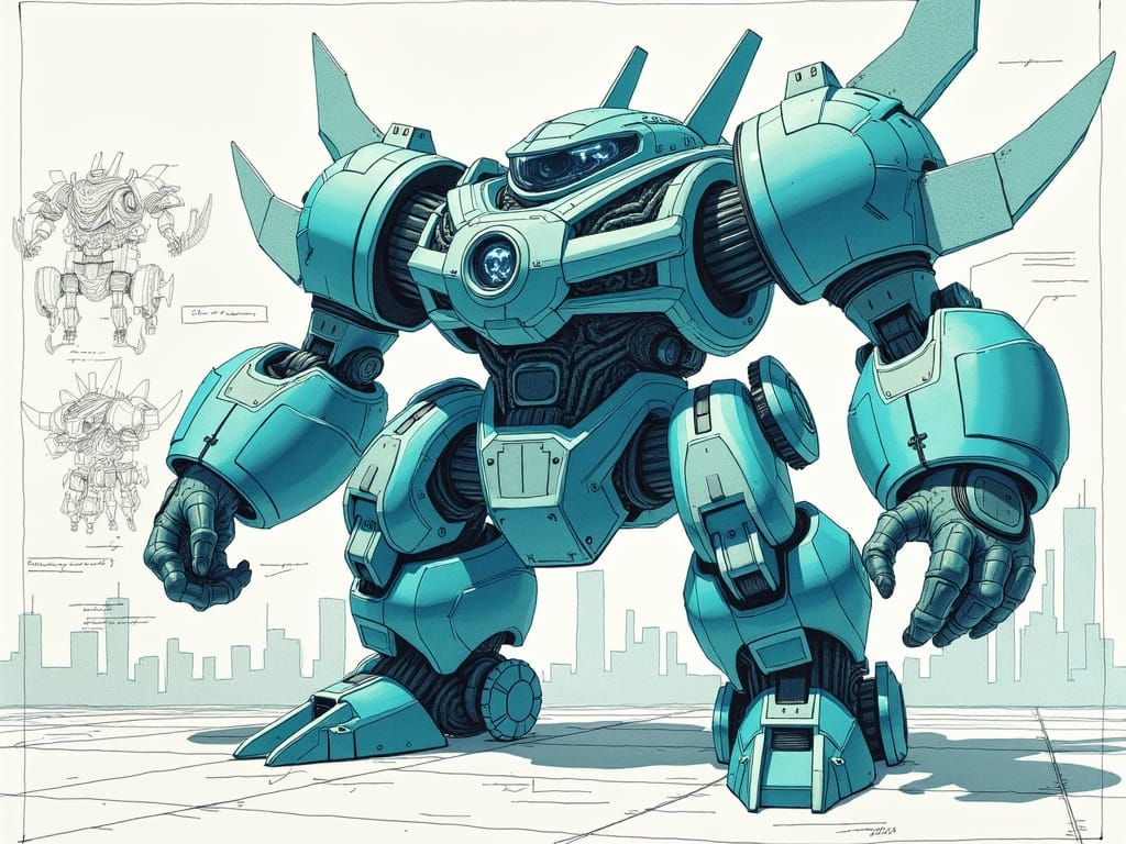 Teal Eclipse Zord Technical Illustration in Line Drawing Sty...