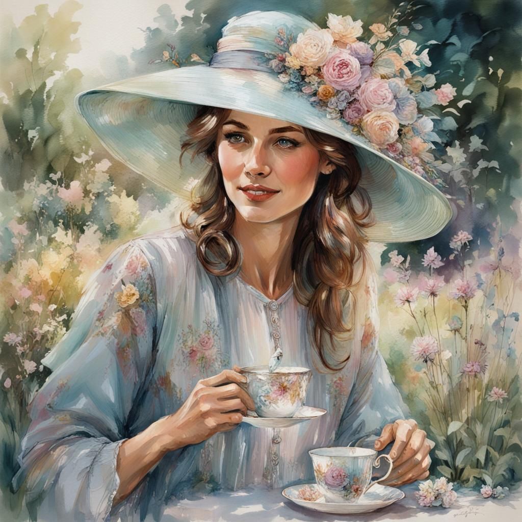 Elegant Lady Pouring Tea in Garden, Carne Griffiths Style