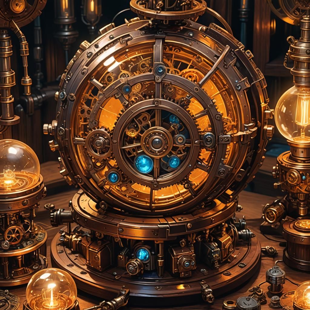 Steampunk Globe with Copper Gears and Glowing Glass