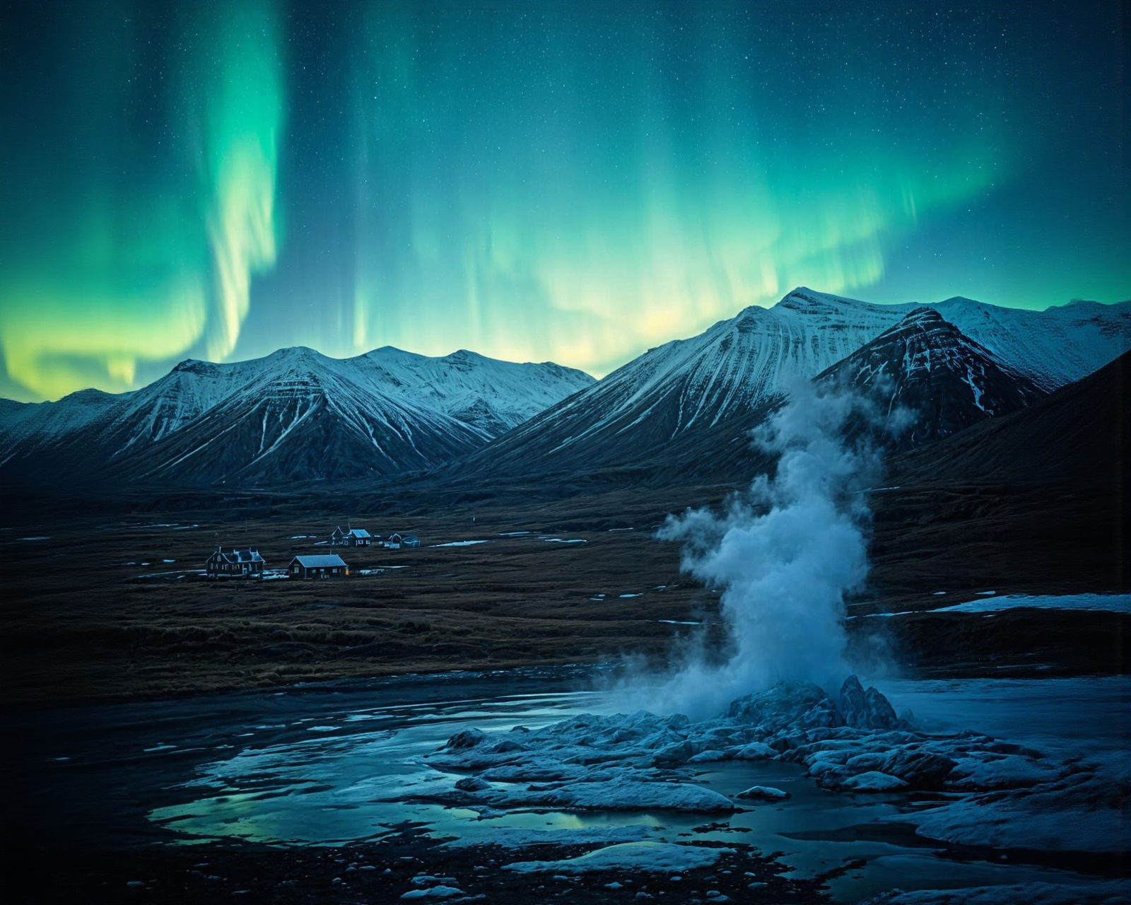 Icelandic Geyser Erupts Under Aurora Borealis