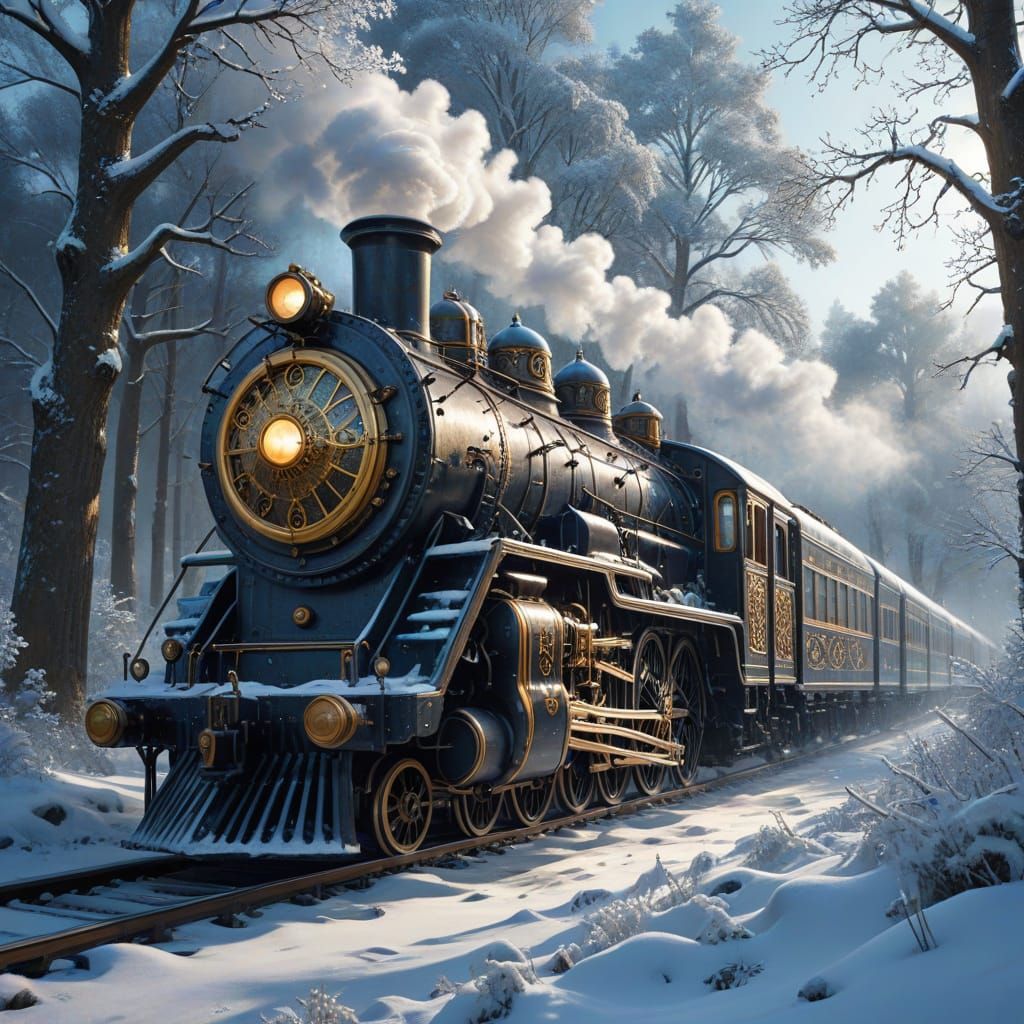 Steampunk Train in Ethereal Winter Wonderland