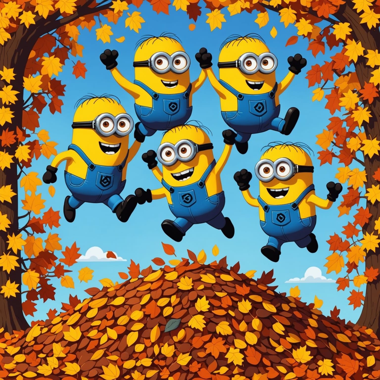 Minions Jumping into Autumn Leaves: Pixel Art