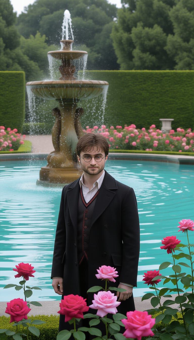 Cinematic Rose Garden Scene with Fountain in Film Style