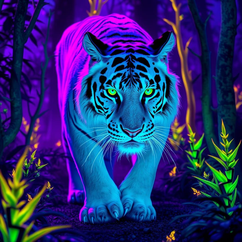 White Tiger in Fluorescent Forest: Dark Fantasy Concept Art