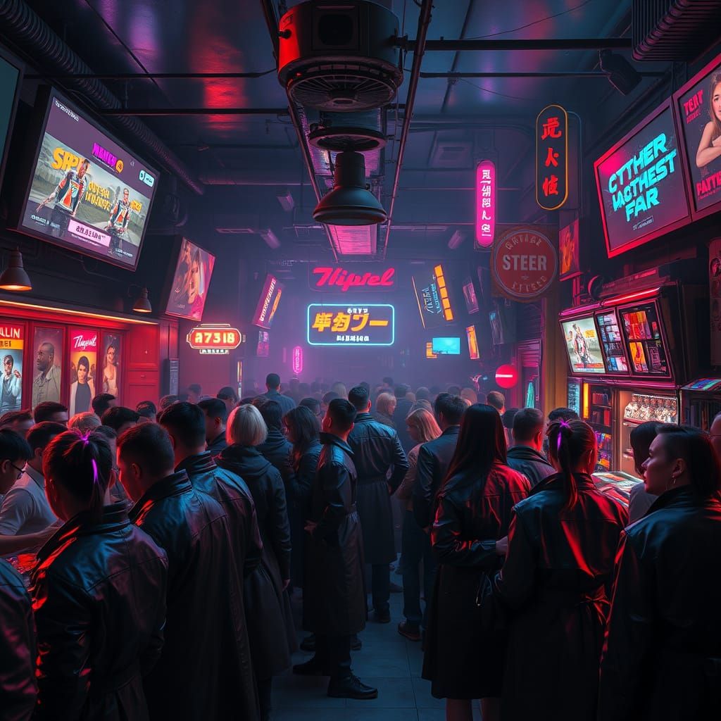 Cyberpunk Bar Scene with Neon Lights and Futuristic People