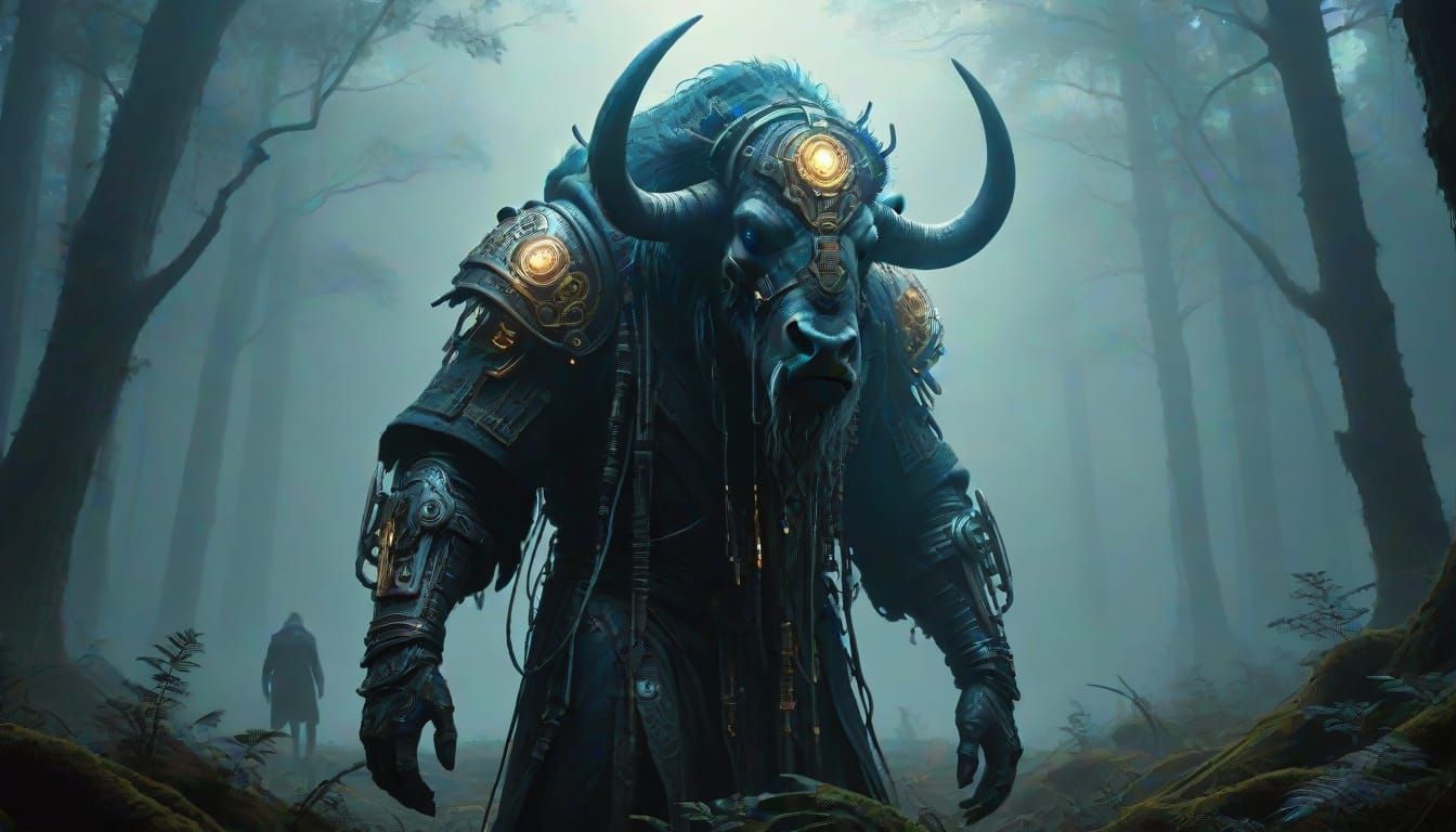 Cyborg Bison in Mystic Forest, with Wizard Figure