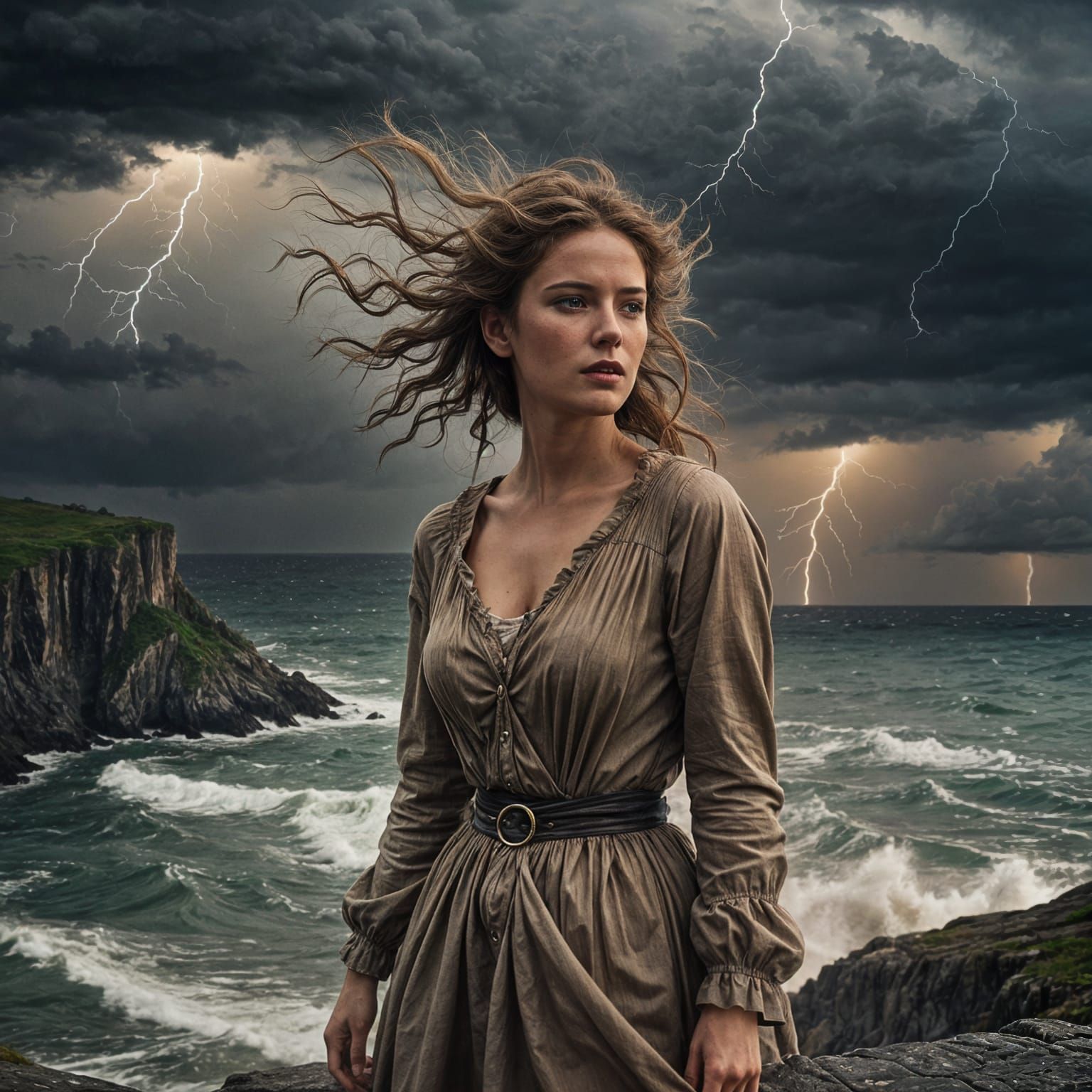 Woman on Cliff Overlooking Stormy Sea