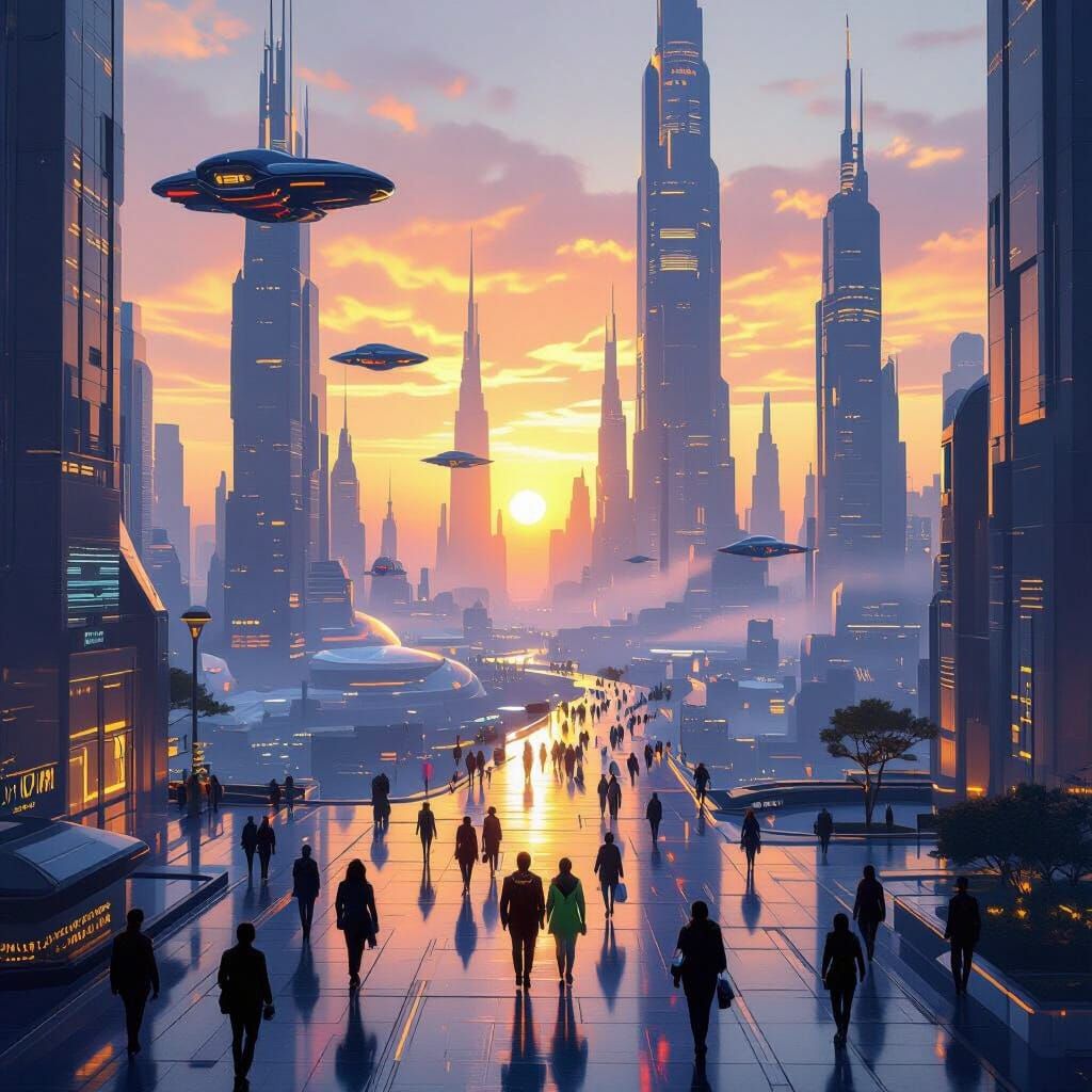 Futuristic Cityscape at Dawn with Flying Vehicles