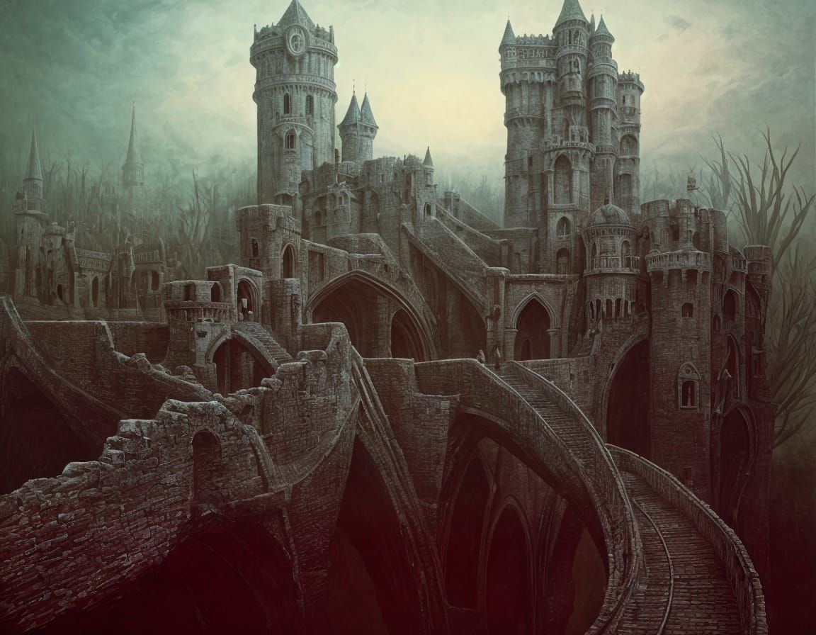 Surreal Castle Landscape in a Dark, Dreamlike Aesthetic