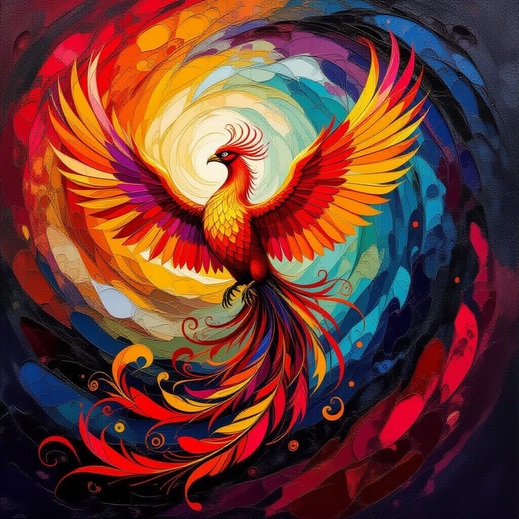 Majestic Phoenix Rises in Fiery Impasto Style