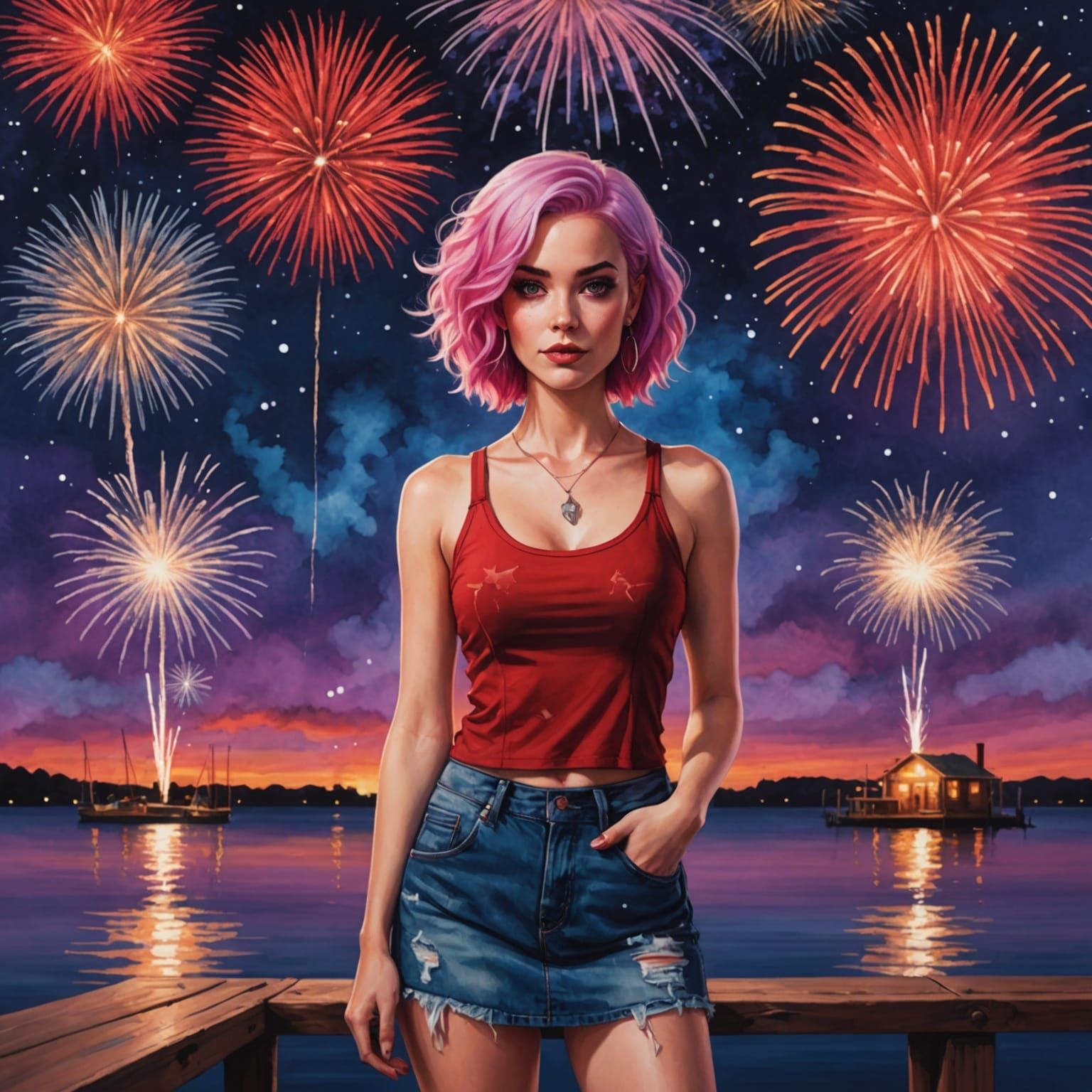 Pink-Haired Woman Amidst Fireworks, Alcohol Ink Style