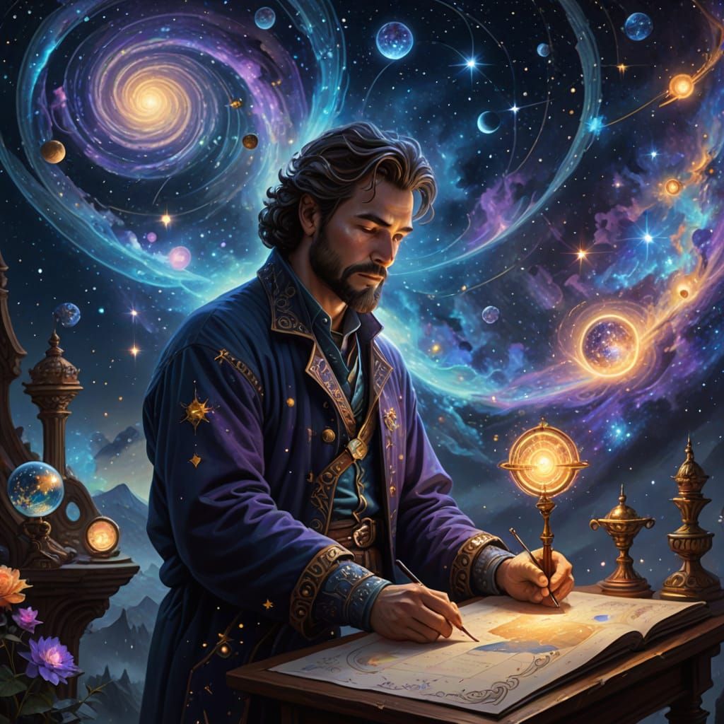 Celestial Astronomer Creating Stars on Living Night Sky Map