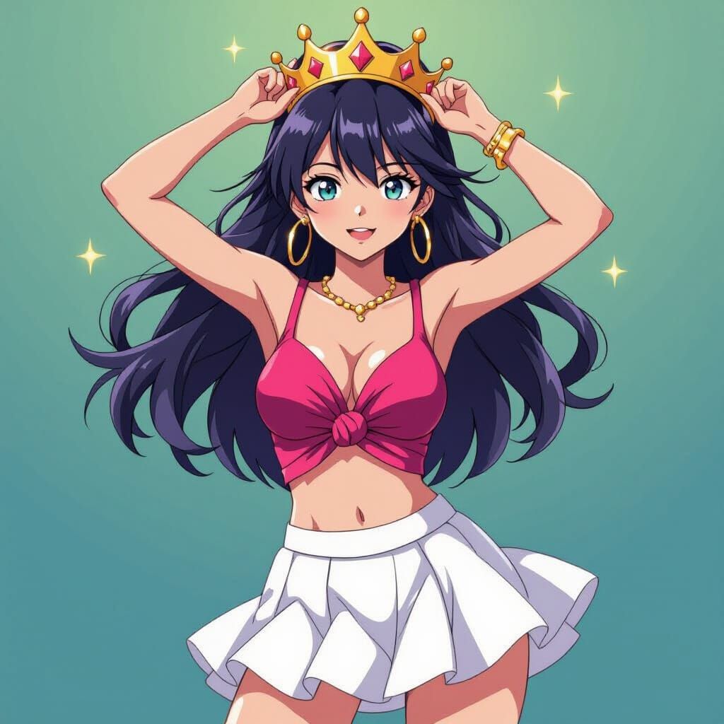 Anime Woman in Fuchsia Top and White Skirt