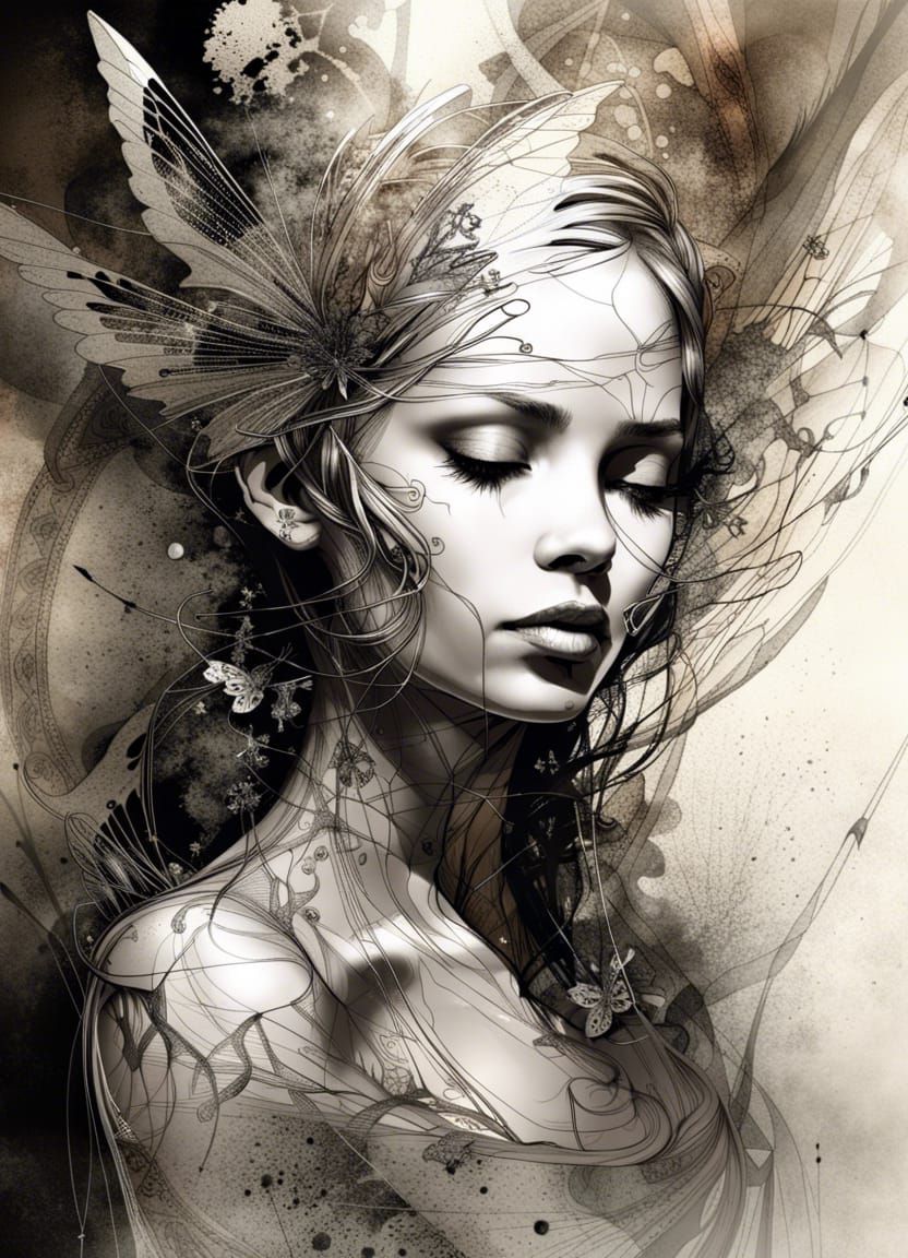 Filigree Fractal Fairy Portrait in Ink