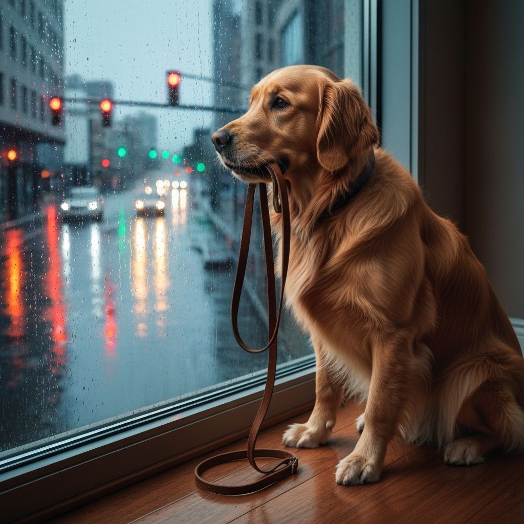 Golden Retriever Waits for Rain to Pass by Window