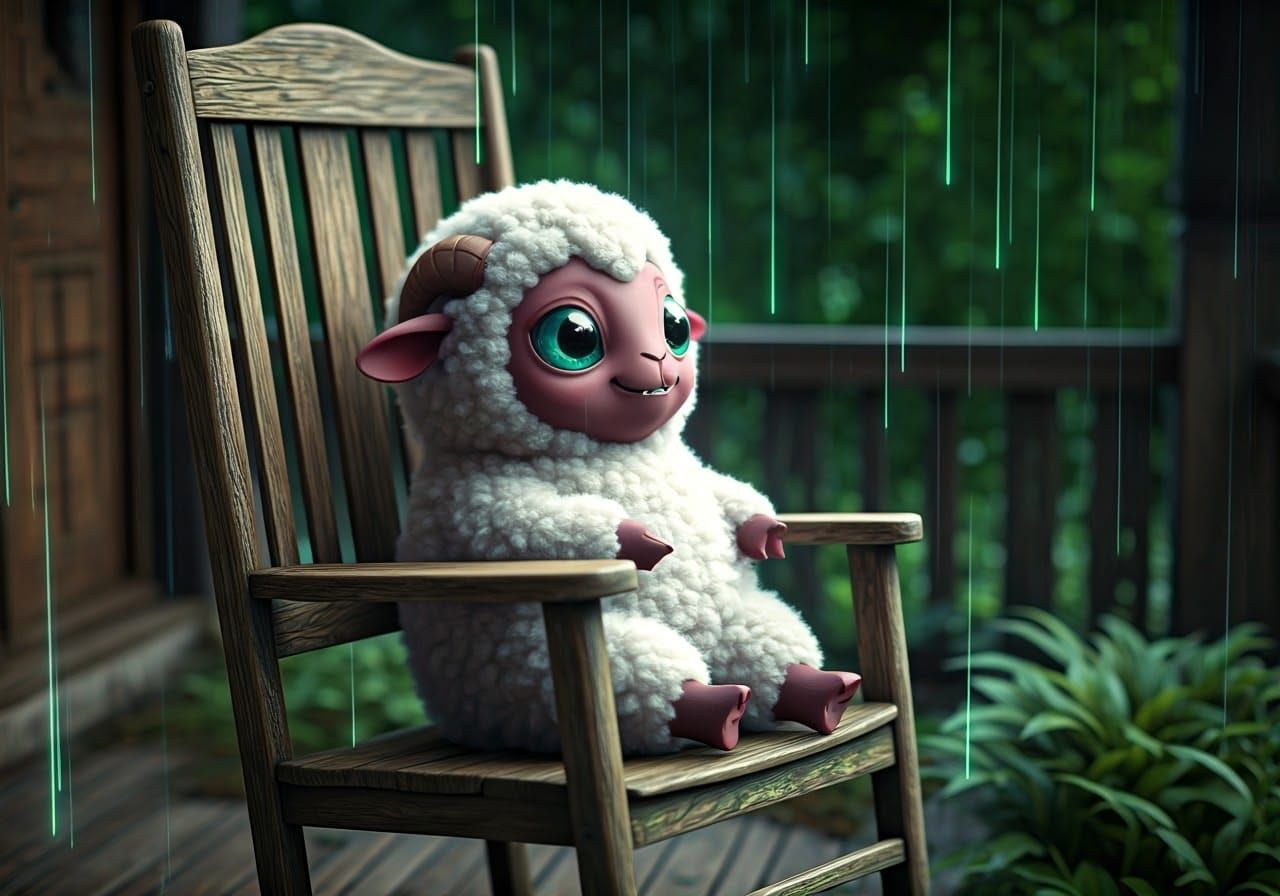 A cute, friendly wooly alien lamb with big, expressive eyes ...