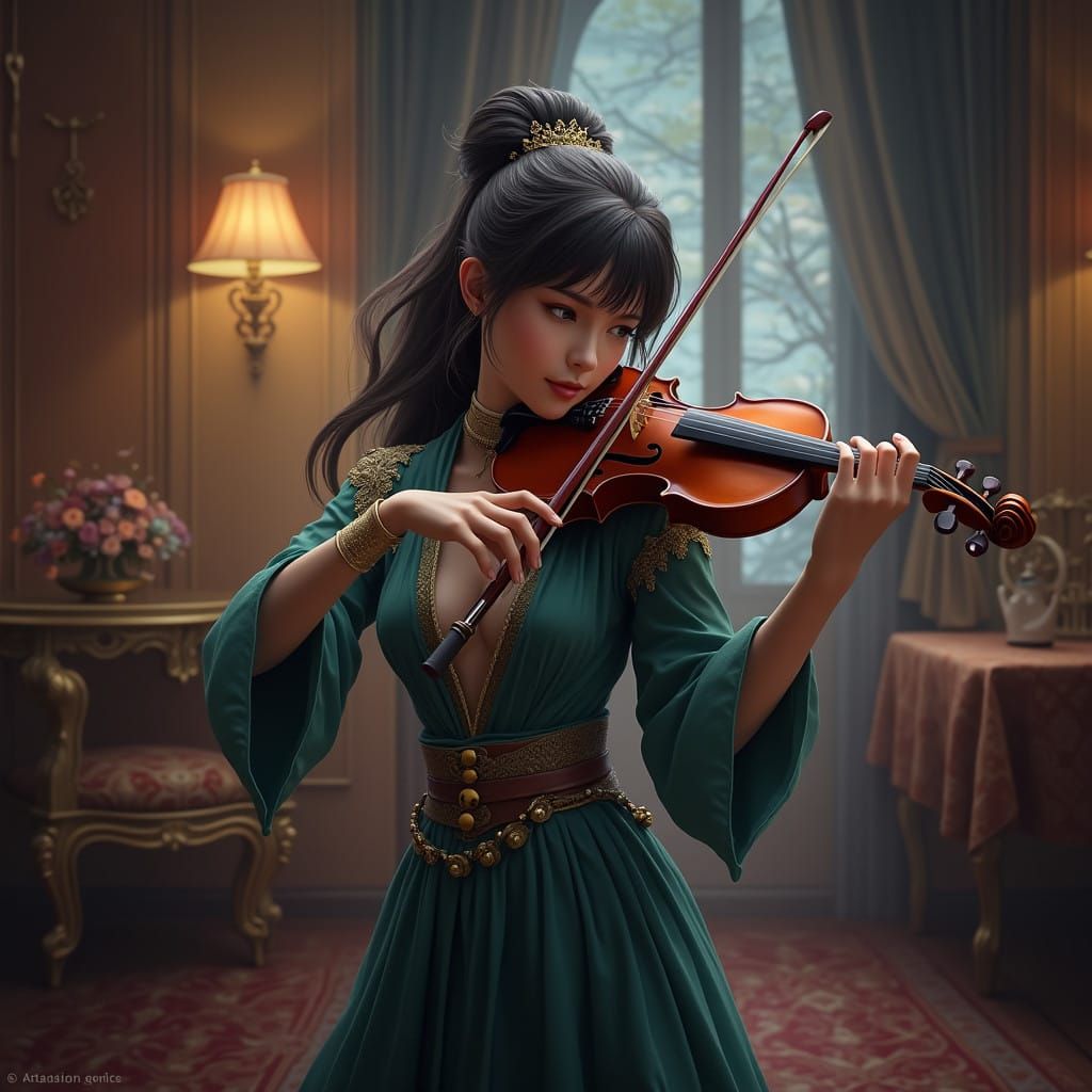 Ethereal Violinist in Whimsical Fantasy Realm