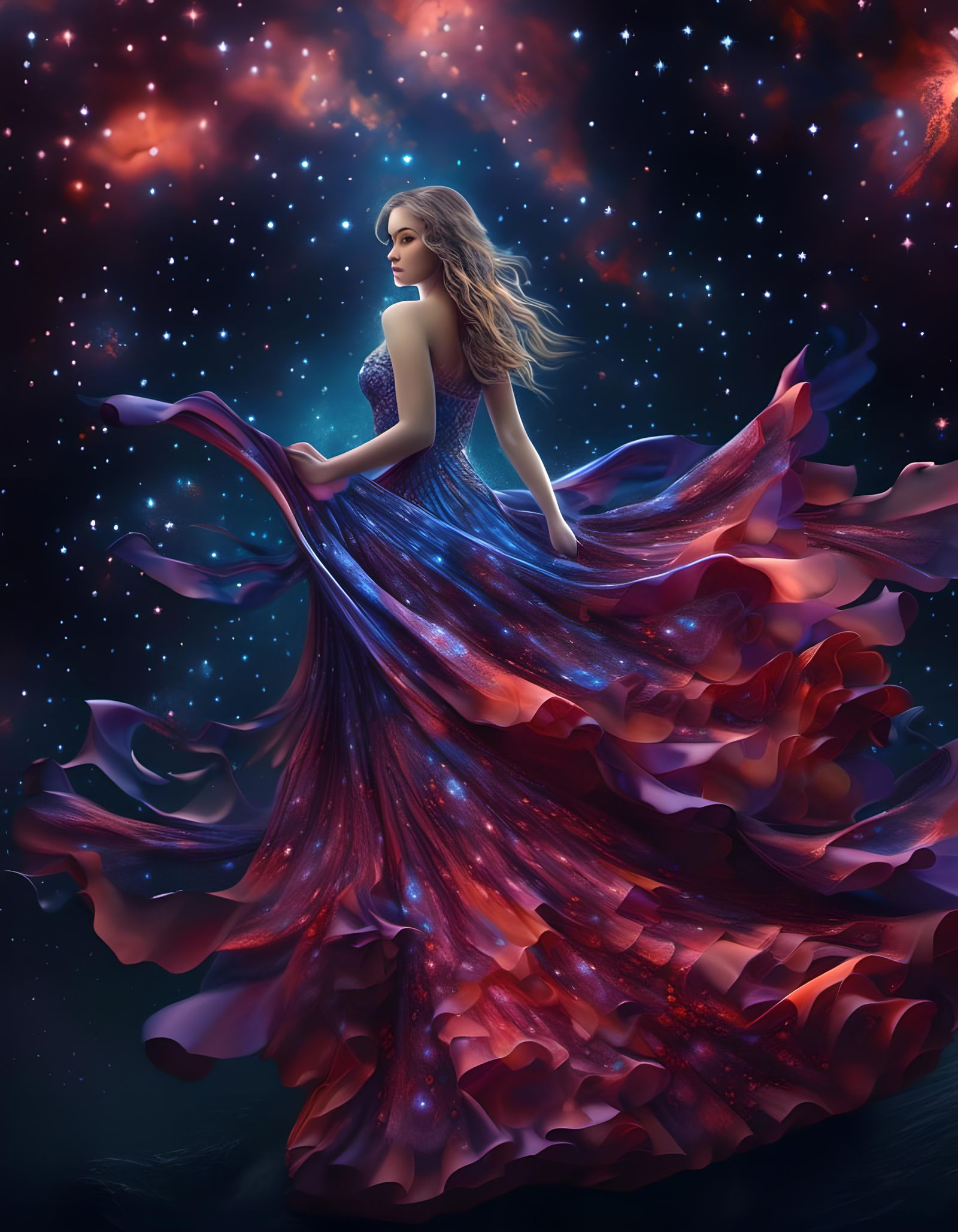 Fantasy photo of a flawless girl in an elaborate and beautiful gown against a sparkling starry night sky mixed media fan...