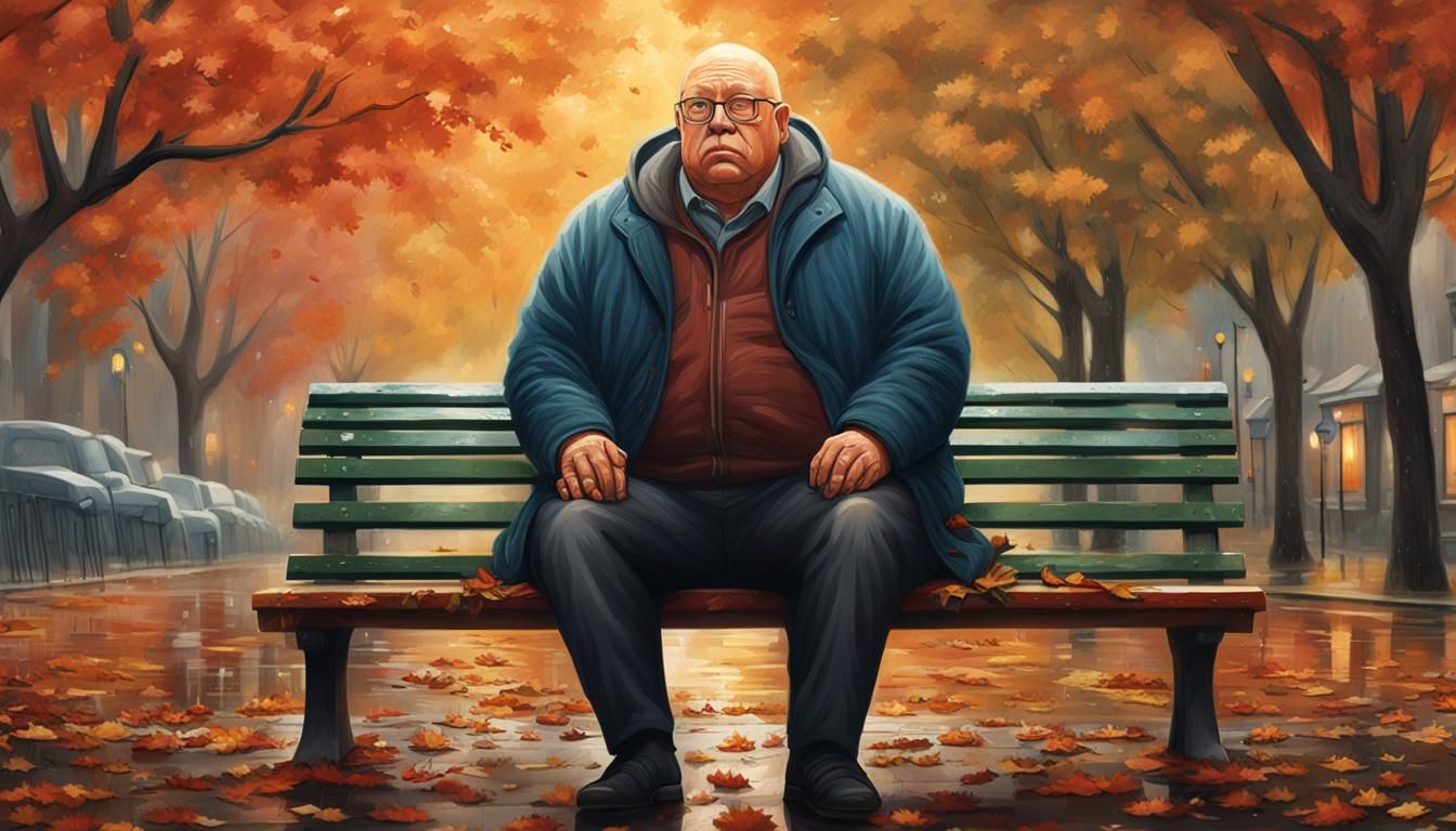 Sad Man in Rain with Flowers, Hyperrealistic Art