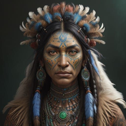 Intense Shaman Portrait in Vibrant Feathers and Tribal Patte...