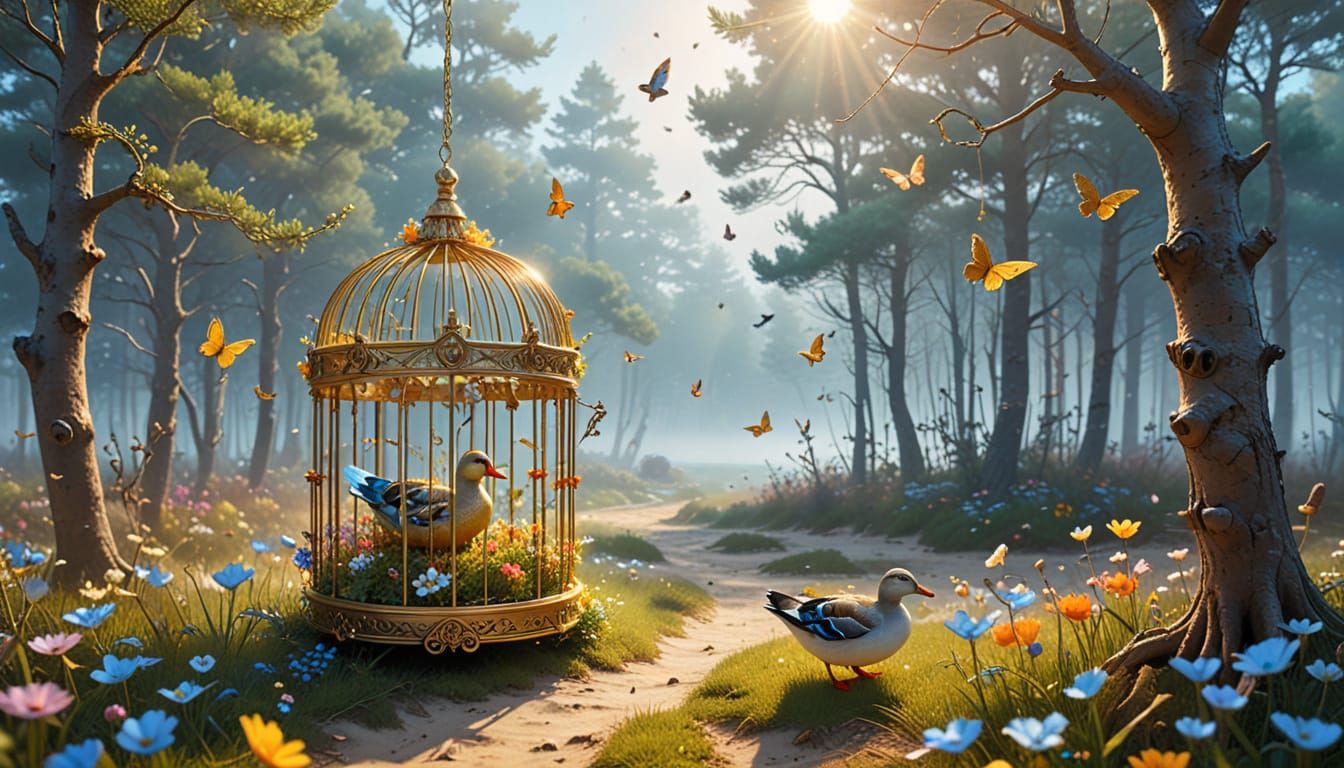 Enchanted Forest with Glowing Mist and Birdcage