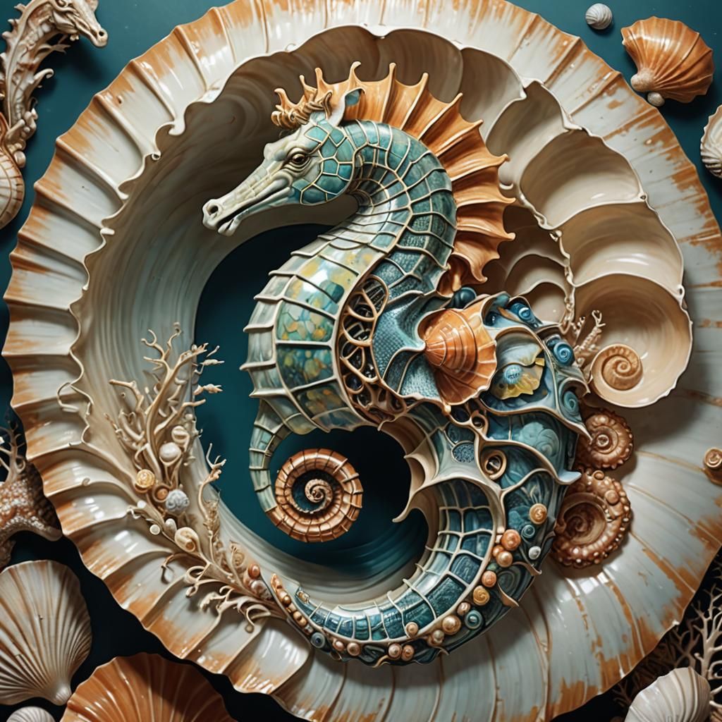 Mythological Seahorse Emerges from Nautilus Shell