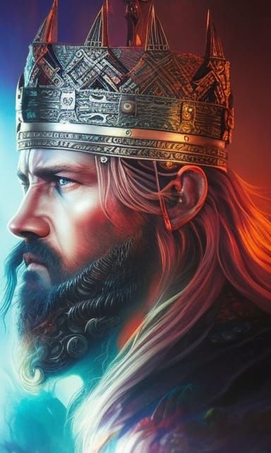 Crowned Viking King Portrait in Cyberpunk Inkpunk Style