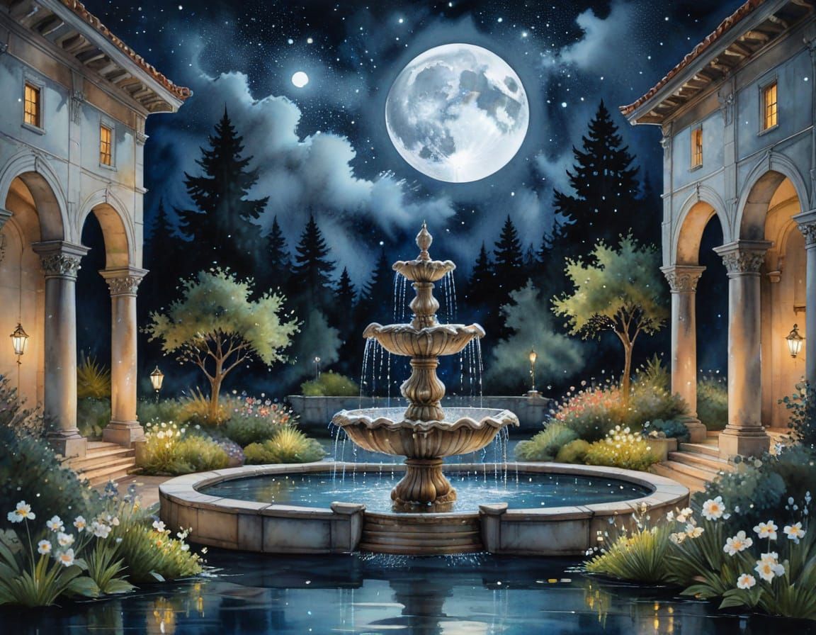 Glowing Fountain in Moonlit Renaissance Courtyard