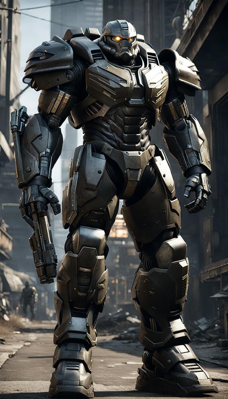 Non upload evolution: Fallout style Power Armor, triple barrel blaster