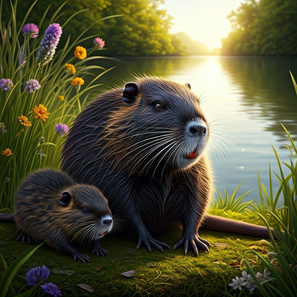 Nutria Mother and Babies in Sunlit Lakeside