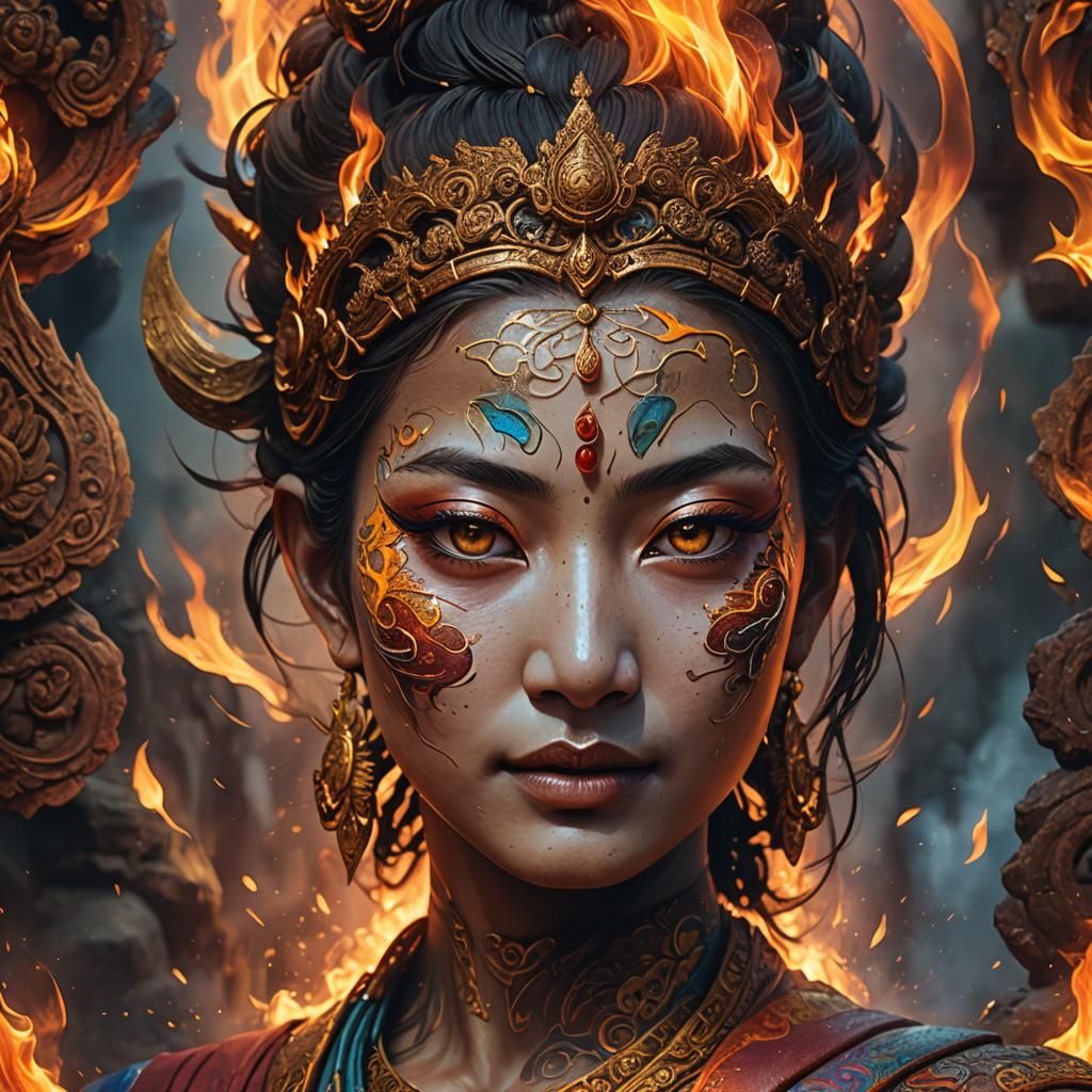 Colorful Buddhist Portrait with Fire Background