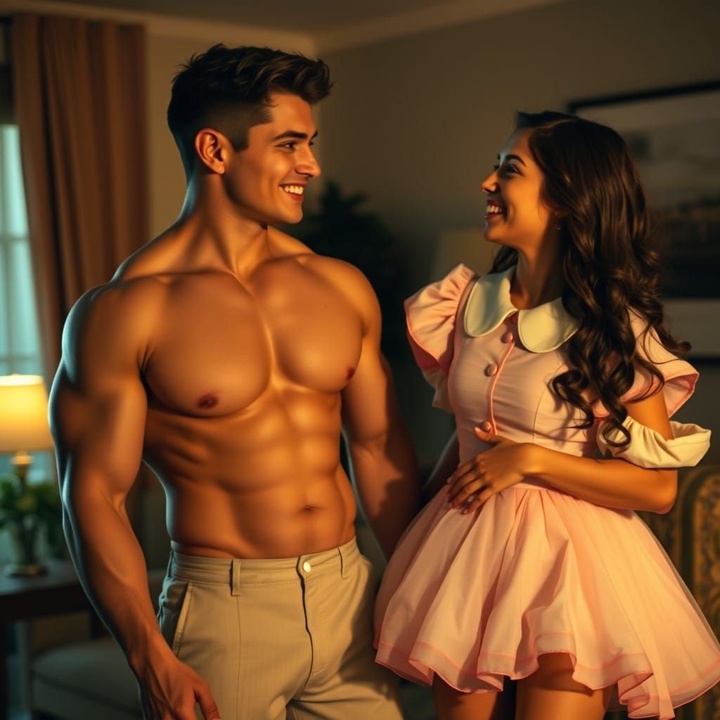 Strong Jawline Handsome Man in Cozy Moment with Vintage-Insp...