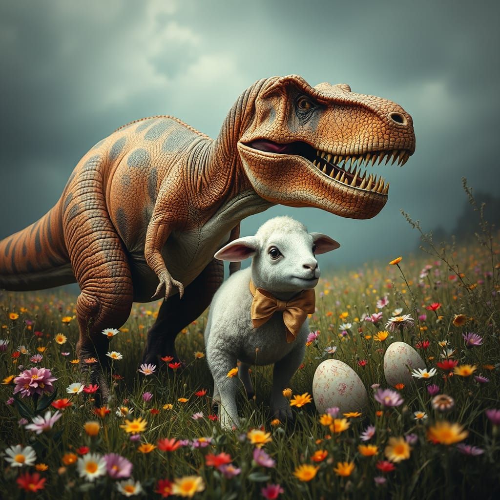 Tyrannosaurus Rex Devours Easter Lamb in Whimsical Landscape