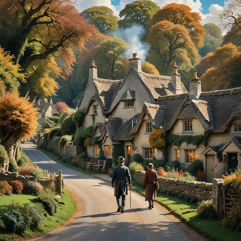 Cotswold Cottage on Sunny Autumn Day as Impressionist Art