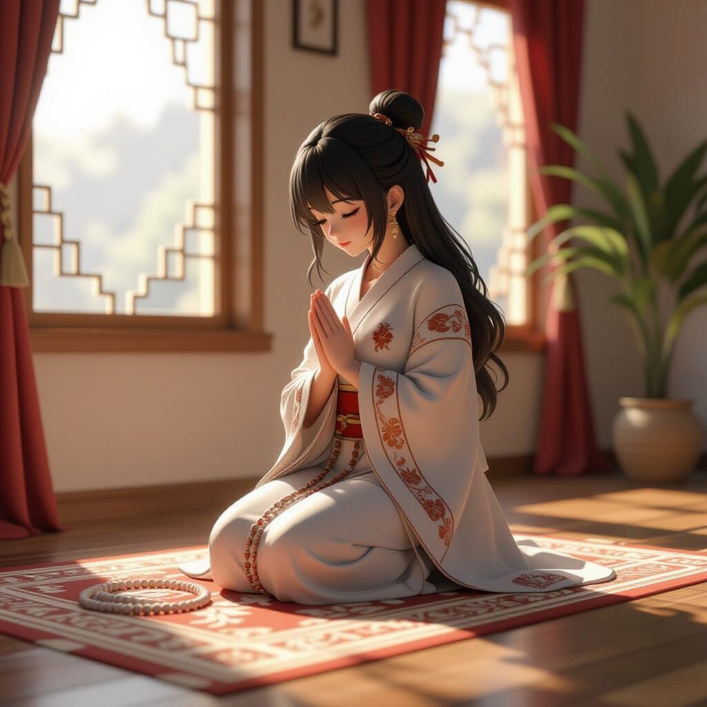 Anime Character in Prayer, Soft Morning Light, Detailed Robe...