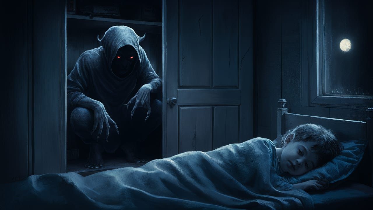 Sinister Shadow Demon Watches Sleeping Child