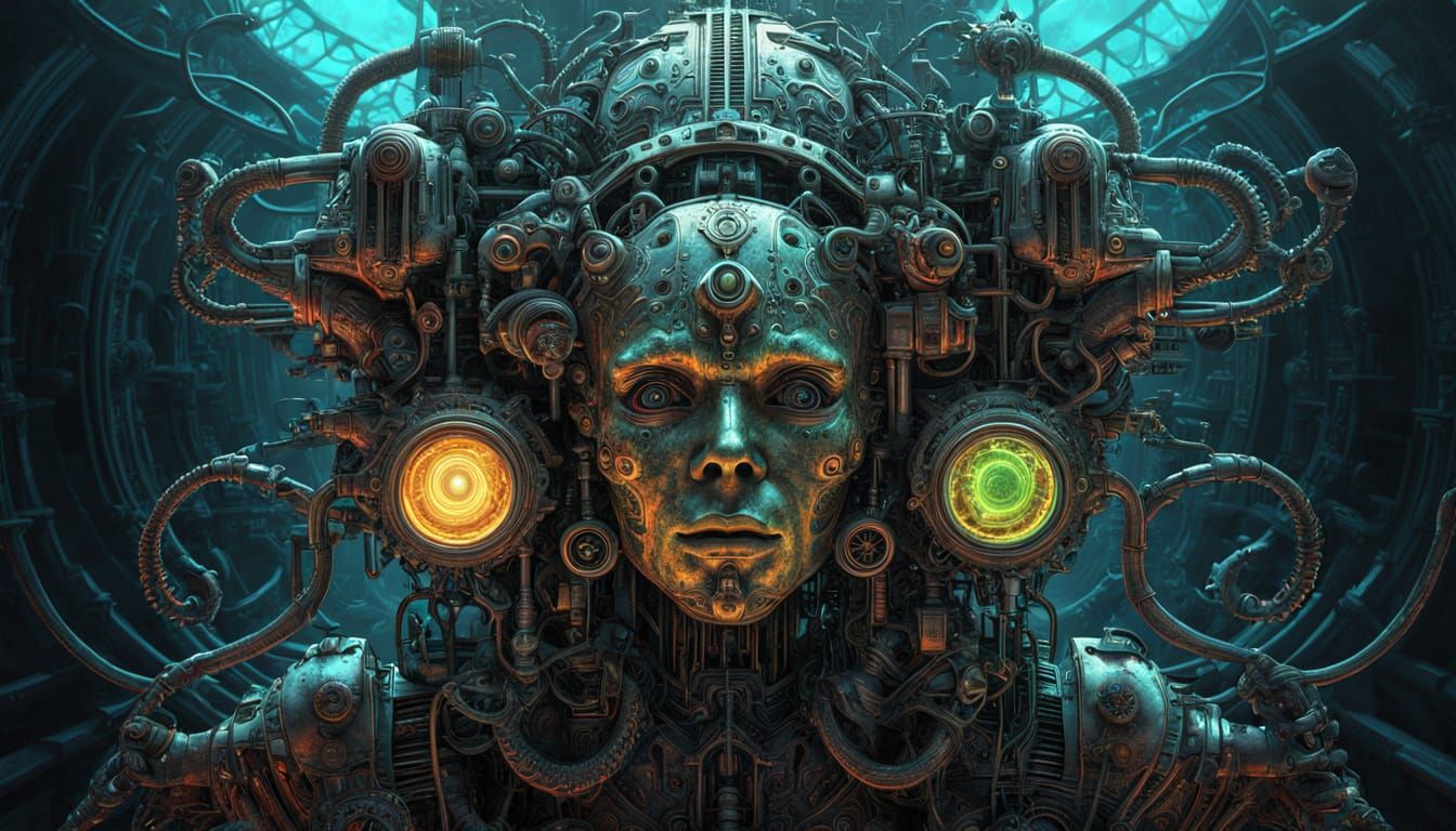 Cybernetic Woman in Underwater Steampunk Dreamscape