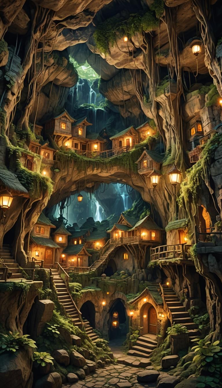 Enchanted Underground Village with Glowing Roots
