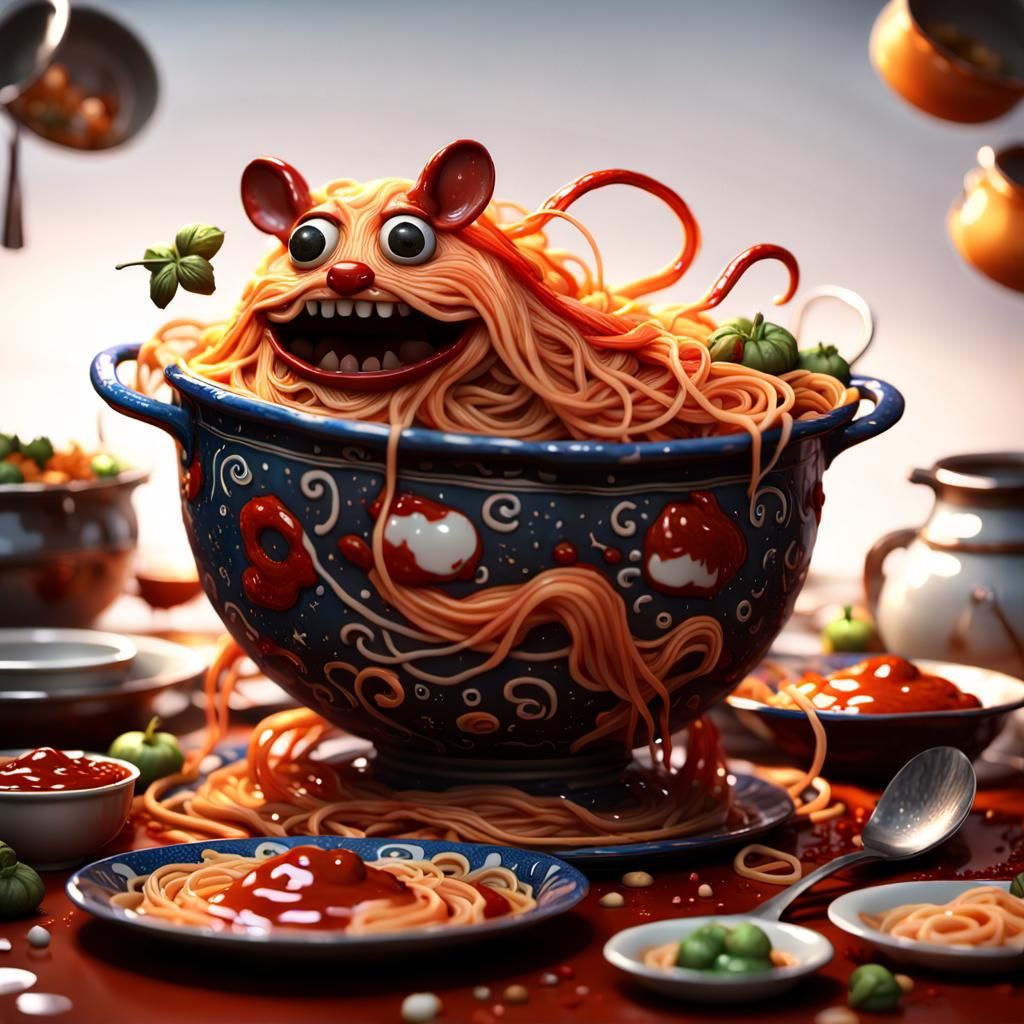 Happy Spaghetti Creature in Sinister Dungeon, Hyperrealistic...