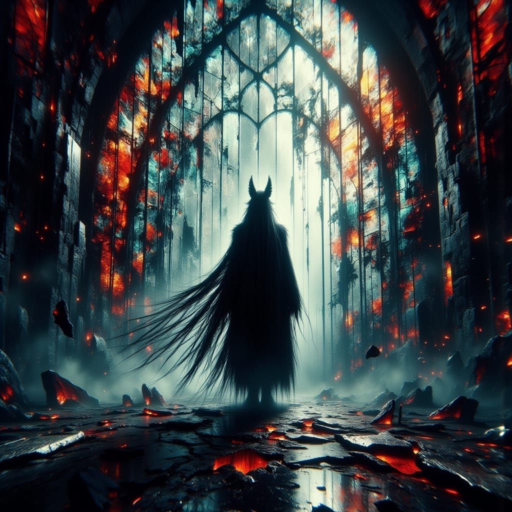 Ethereal Silhouette Against Shattered Stained Glass