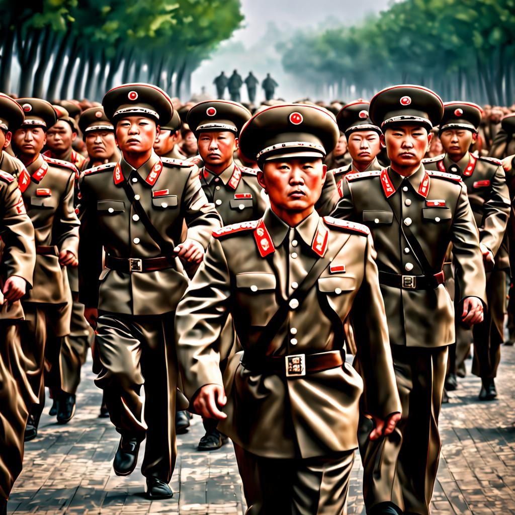 North Korean Soldiers Marching in Hyperrealistic Detail