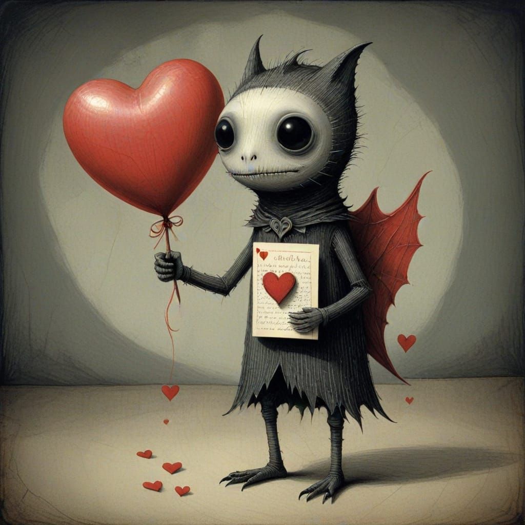 Creepy Cute Halloween Creature Holding a Valentine