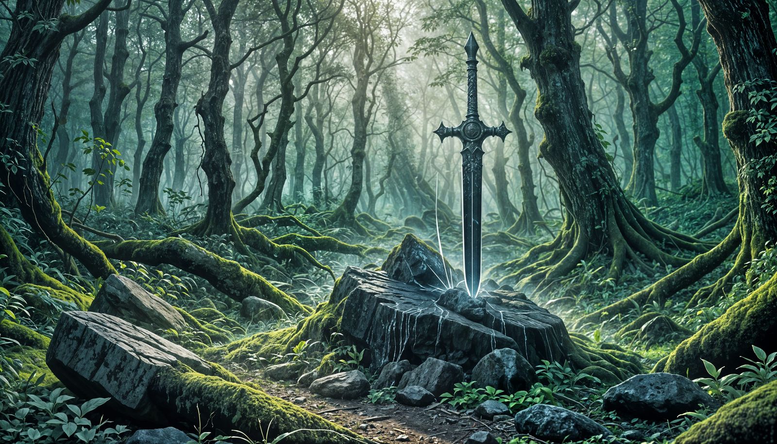 Sword in Stone Emitting White Light in Forest