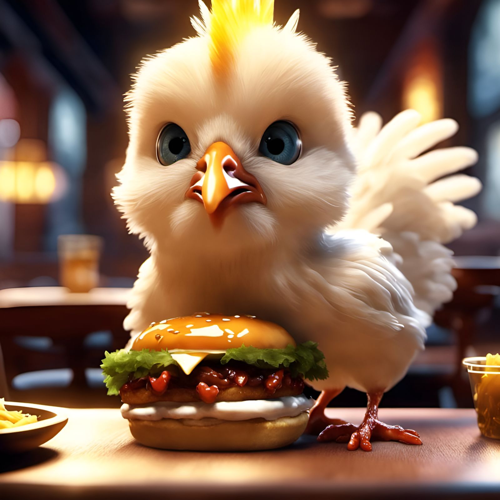 Chibi Chicken Enjoys a Hamburger, 3D Render